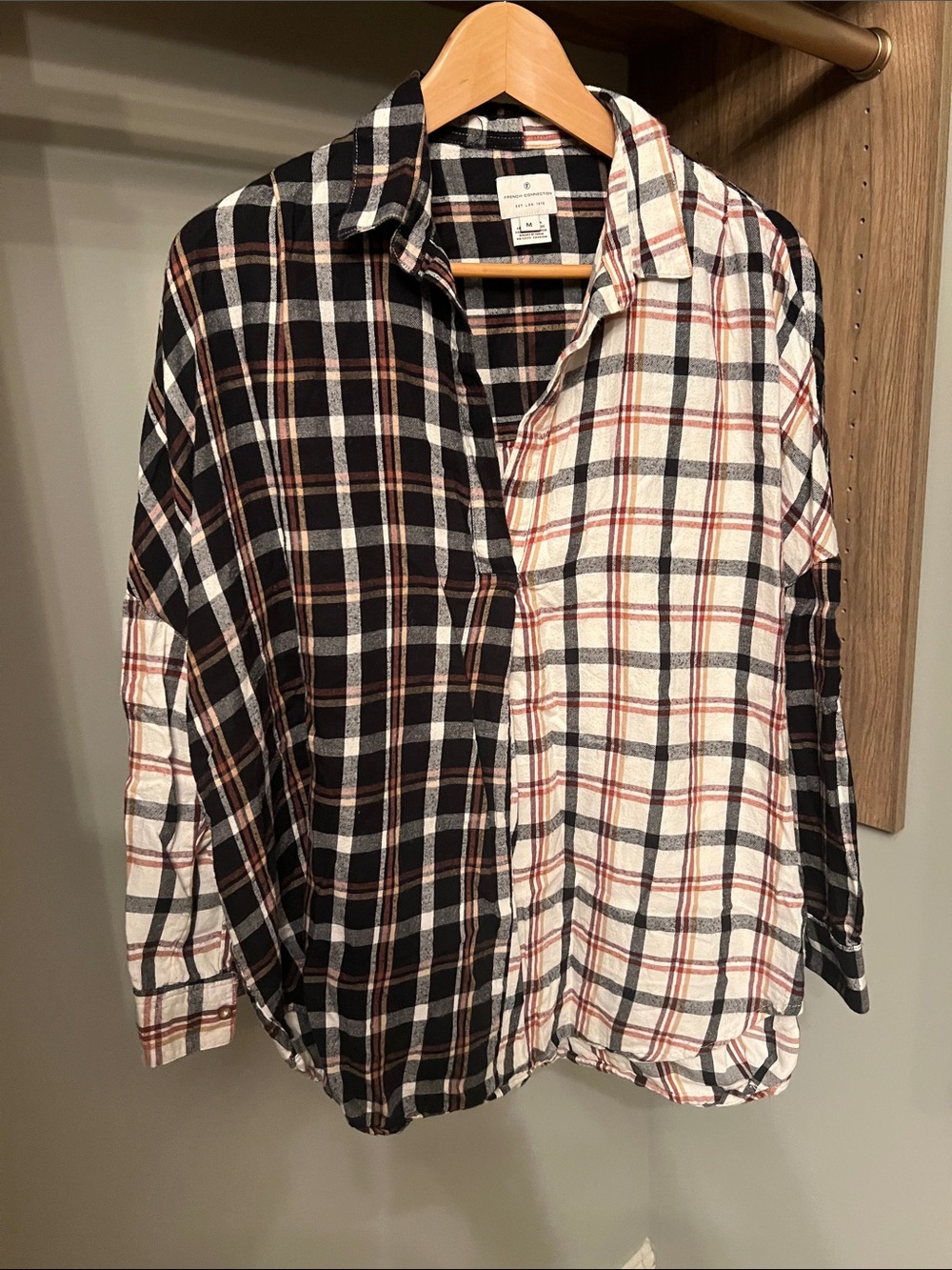 French Connection Split Black and White Plaid Button-Down Shirt